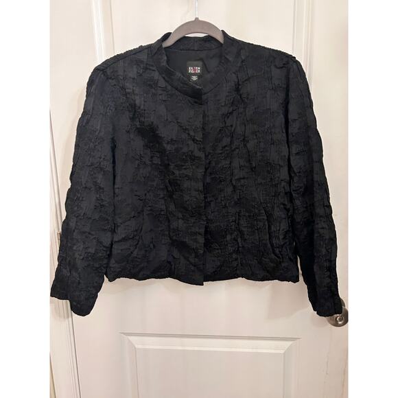 Eileen Fisher Black Metallic Crinkle Snap Close L Wool Silk Blend Jacket Boho